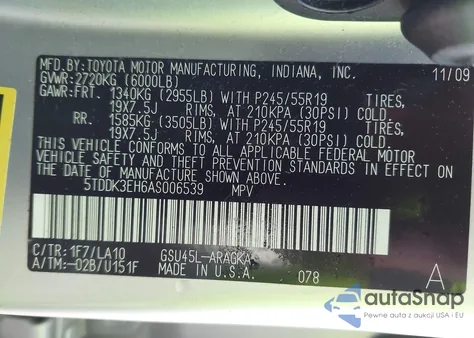 2010 Toyota Highlander Limited V6 from USA, damaged, VIN 5TDDK3EH6AS006539